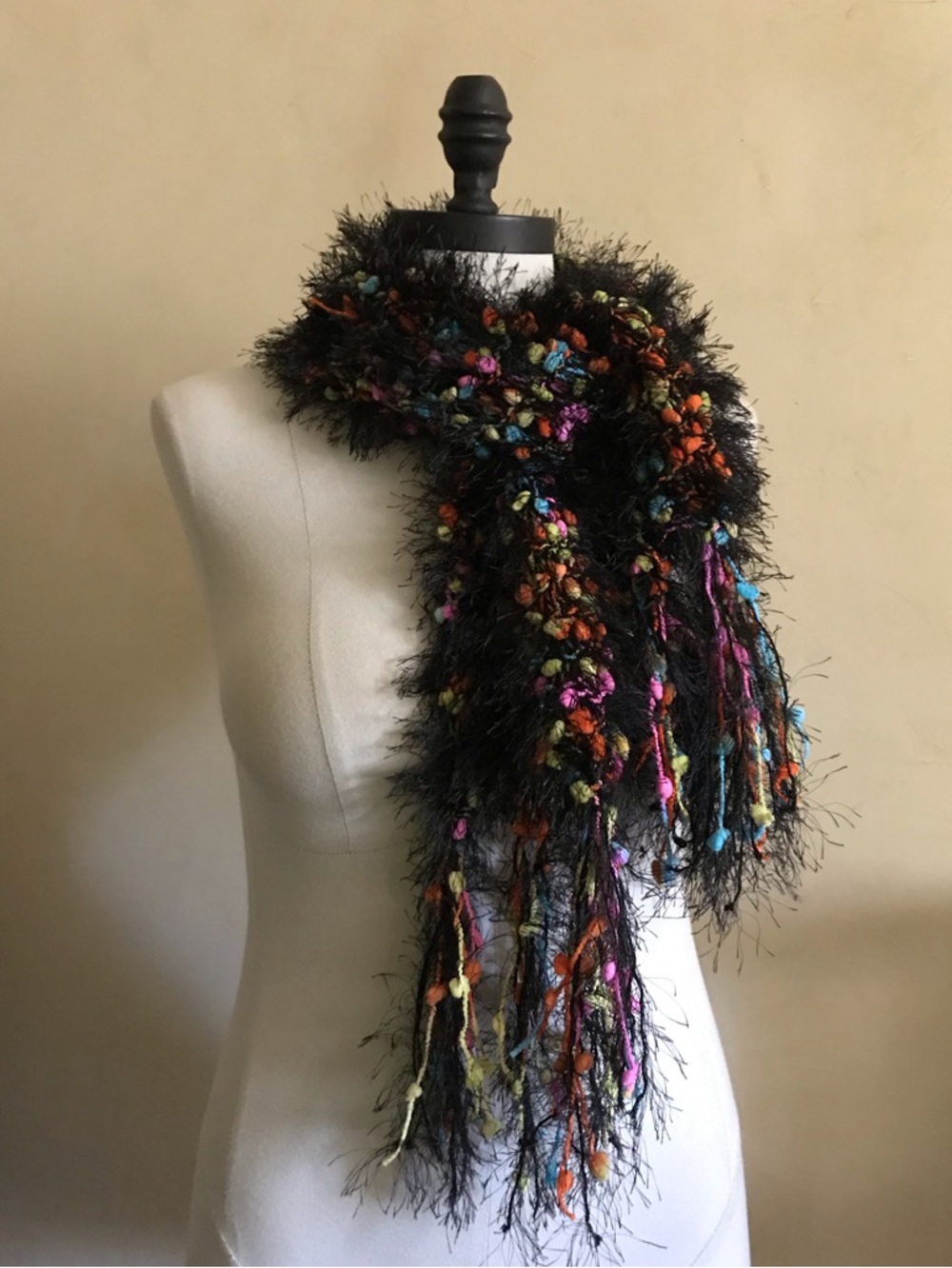 Black Multicolor Fuzzy Fringe Scarf